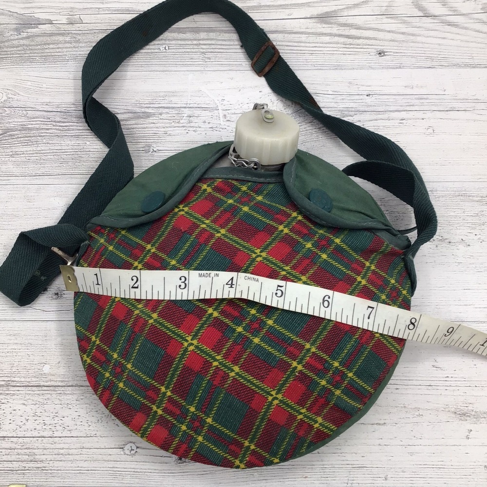 Vintage 1960s Girl Scouts 1 Quart Aluminum Canteen Green Plaid Cover & Strap - Picture 8 of 9